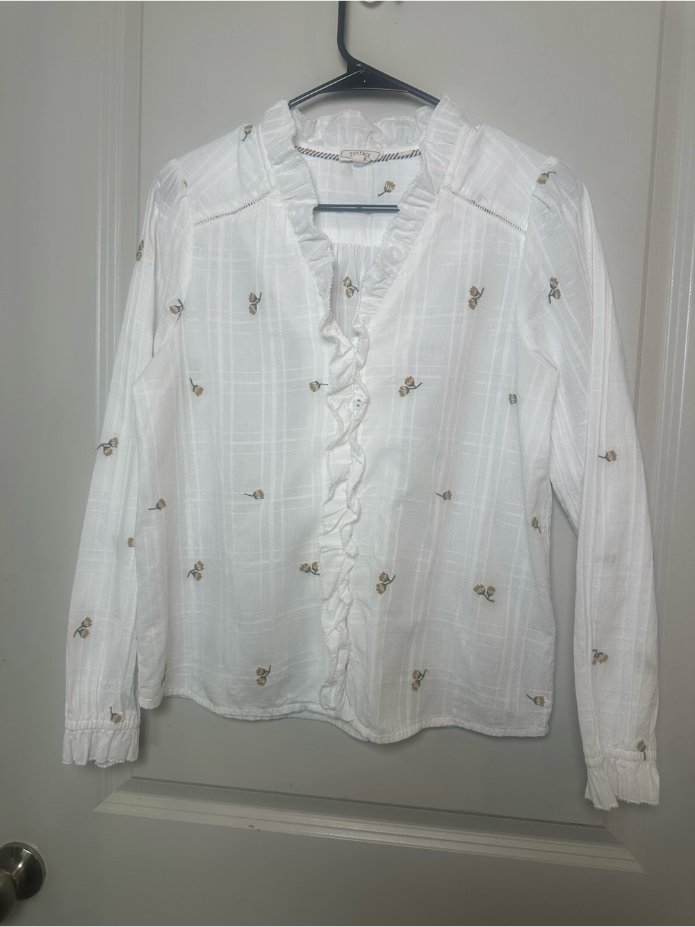 Fat Face Cotton Button Up Ruffle Embroidered Sunflower Lightweight Top, 4 - Picture 3 of 8
